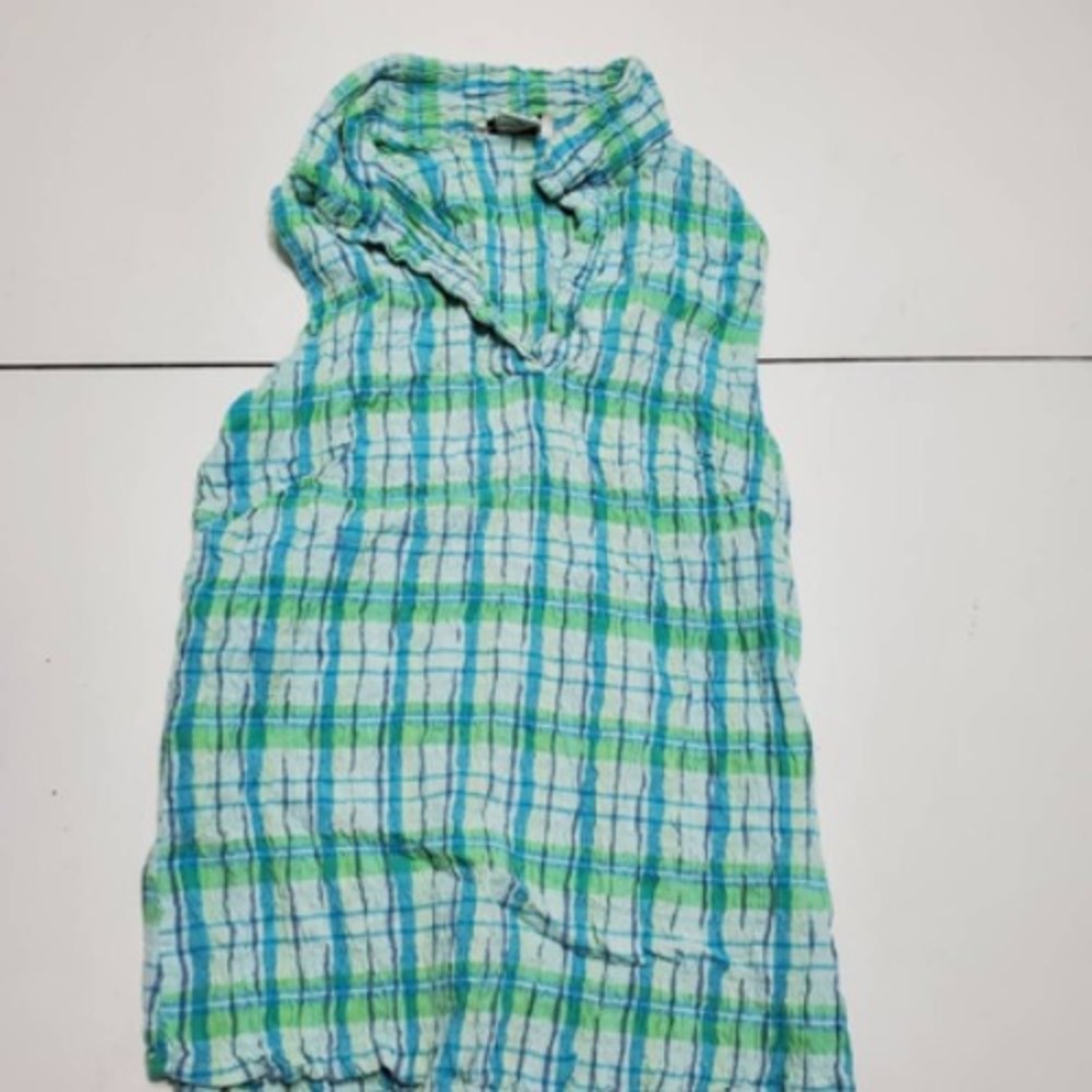 Maria Gabrielle Womens Shift Dress Green Blue Plaid Sleeveless 100% Cotton M